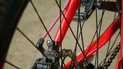 Obraz premium Rear Bicycle Gears Close-Up, Red Bicycle