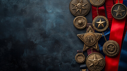 Military Medals and Service Ribbons, with various military awards displayed, with copy space, Veterans Day