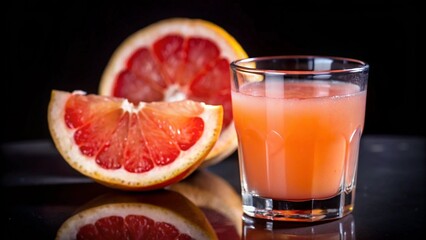 A refreshing glass of grapefruit juice beside a sliced grapefruit.