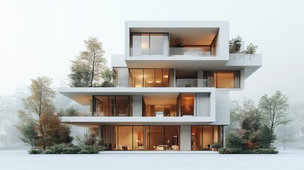 3D model of a minimalist apartment building, positioned at a low angle to showcase its balconies,...