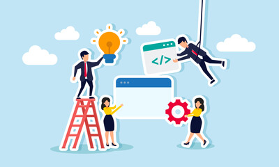 A group of businesspeople collaborating to provide input on programming, engineering, and development, illustrating teamwork in building a business application.