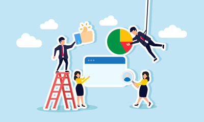 A group of businesspeople collaborating to provide input on team performance management, illustrating teamwork in enhancing company performance.