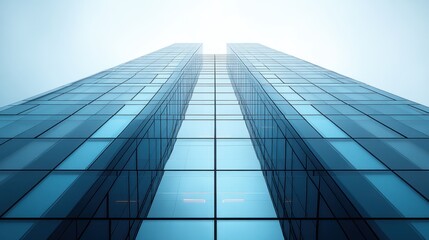 Fototapeta premium 3D model of a modern office building with sleek glass facade, positioned at a low angle to emphasize its height, against a white background. The color tone features a mix of cool blues and grays, 