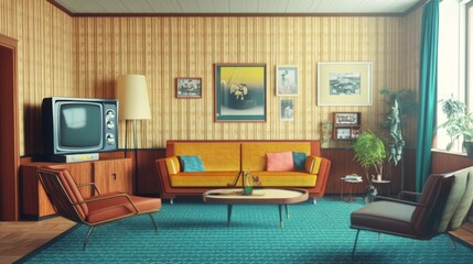 A vintage living room with a retro television, couch, and armchair.