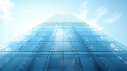 Fototapeta premium 3D model of a sleek skyscraper with a reflective surface, viewed from a ground-level angle to highlight its height, set against a white background. The color tone features cool blues and glassy 