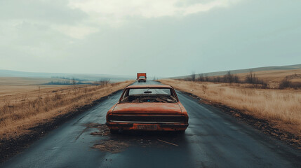 Abandoned car on desolate highway. Engine smokes. Tow truck in distance. Empty road to horizon.