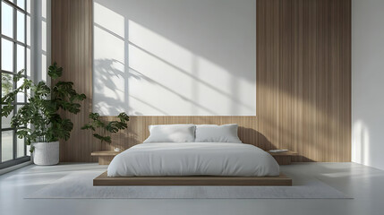 Minimalist Bedroom with Wooden Walls and Large Window - 3D Illustration