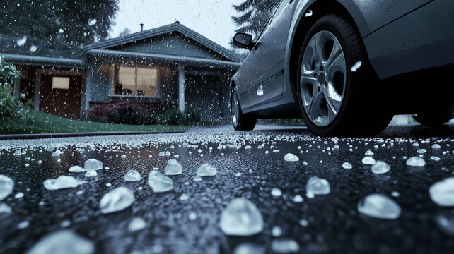 Hail damage on a car and roof, suburban home, damage outside. A damaging hailstorm, hail stones on the ground, hail damaged house and car, storm over a property, insurance claim