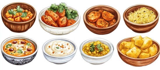 An illustration of eight different Indian dishes, including potato curry, rice, and a creamy yogurt-based dip.