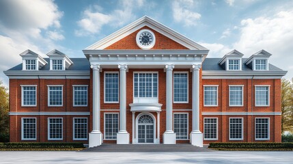 Fototapeta premium 3D model of a traditional school building, viewed from a front-facing angle to highlight its entrance, set against a white background. The color tone is classic red brick with white accents, 