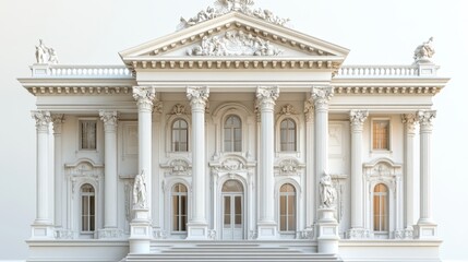 Obraz premium 3D model of a tranquil museum building, positioned at a diagonal angle to emphasize its artistic architecture, against a white background. The color tone includes soft greys and whites, using 