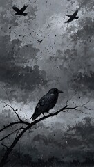 Black raven in a tree branch