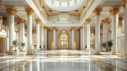 Fototapeta premium 3D model of an elegant event venue, positioned at a low angle to showcase its grand entrance, against a white background. The color tone includes rich golds and whites, captured with a wide 