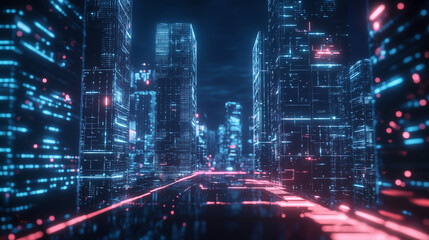 Obraz premium Abstract digital cityscape with flowing lines and holograms. Futuristic tech. Blurred foreground. Red path for progress.