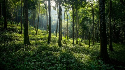 Obraz premium A picturesque scene of a lush forest in the process of rejuvenation, featuring a mix of newly planted trees and vibrant undergrowth, illustrating the successful efforts of conservation and reforestati