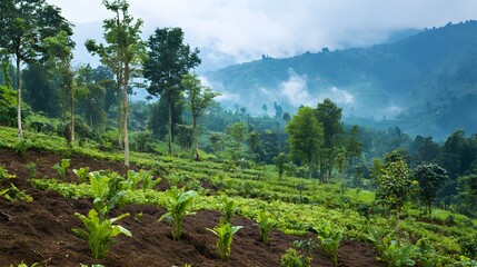 A picturesque scene of a lush forest in the process of rejuvenation, featuring a mix of newly planted trees and vibrant undergrowth, illustrating the successful efforts of conservation and reforestati
