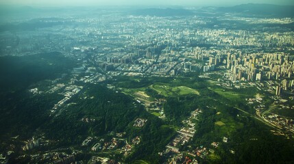 Obraz premium A powerful visual contrast between sprawling urban development and the remaining patches of green forest, showing the clear divide between nature and expanding city limits, symbolizing the environment