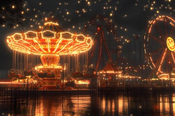 Illuminated Ferris Wheel and Carousel at Night