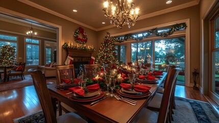 A warm and festive dining room with a holiday table setting adorned with Christmas decor, twinkling lights overhead, and a cozy, inviting ambiance perfect for celebrating the season. 