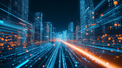 Abstract digital cityscape with flowing lines and holograms. Futuristic tech. Blurred foreground. Red path for progress.
