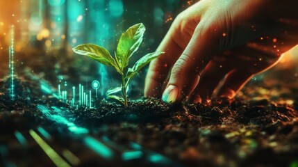 Fototapeta premium Gentle Hands Planting a Seedling in Vibrant Soil