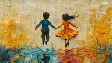 Obraz premium A boy and a girl holding hands, jumping together in the rain, the scene portrayed in simple watercolor strokes on textured parchment paper 