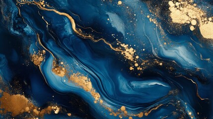 A luxurious fluid art composition in deep blues and golds, with organic flows and shimmering metallic details.