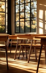 Backtoschool concept in an empty high school classroom with wooden lecture desks and chairs Soft shadows, wideangle shot, clean vintage interior, bright natural light