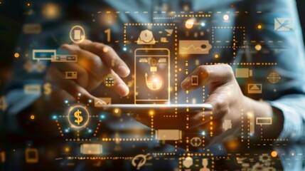 Digital Banking and Financial Technology Concept. A person presents digital banking and financial technology icons, and currency symbols, emphasizing modern online payment systems and e-commerce.