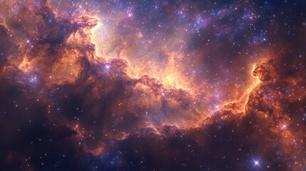 A panorama of a galaxy with glowing nebula clouds and twinkling stars, showcasing the vastness and beauty of the cosmos.