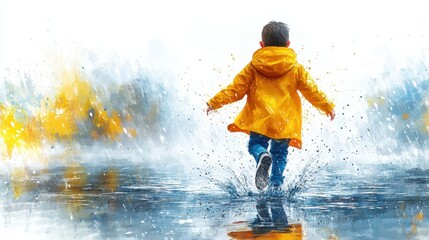 Fototapeta premium A boy running through the rain, his raincoat flowing behind him, with simple splashes of water and a soft white background in watercolor 