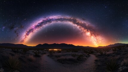 Fototapeta premium A panorama of the Milky Way galaxy stretching across a desert landscape, with vivid colors and twinkling stars lighting up the sky.
