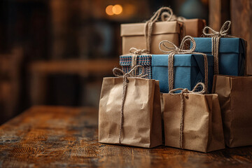 rustic brown and blue gift bags on wooden tabletop