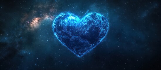 A glowing blue heart shape in the middle of a dark blue starry space with soft light coming from the edges.