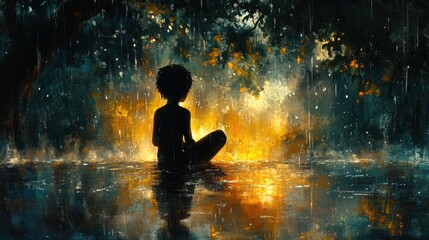 Obraz premium A boy sitting by a puddle, watching raindrops with wonder, painted in soft watercolor strokes on a textured parchment-like surface 