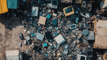 Piles of discarded electronics at an e-waste dump, illustrating the growing problem of electronic waste and its toxic impact on the environment
