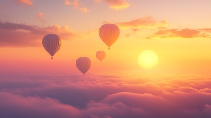 Obraz premium Four hot air balloons flying above the clouds at sunset.