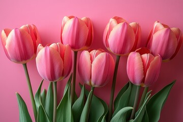 Naklejka premium Pink Tulips on Pink Background, Flat Lay Top View with Copy Space for Text, Greeting Card or Banner Design for Mother's Day, Women's Day, and Other Events 