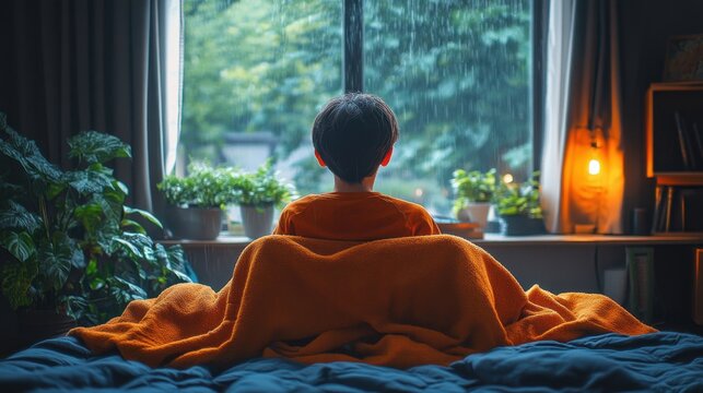 A boy sitting in a soft chair in an 80&rsquo;s anime-style room, wrapped in a blanket and watching the rain outside the window, with classic anime details like large eyes and soft hues 