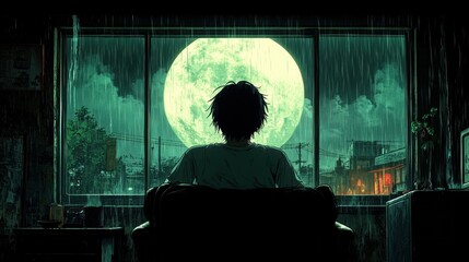 A boy sitting in an armchair by the window, his large 80’s anime-style eyes gazing at the rainy...