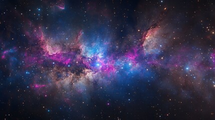 Fototapeta premium A panoramic image of a distant galaxy with bright stars, glowing nebulae, and deep space colors of blue, purple, and pink.