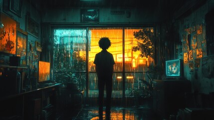 A boy standing by the window in an 80&rsquo;s anime-style room, his reflection visible in the rain-soaked glass, with warm tones and retro furniture completing the scene 
