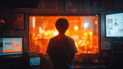 A boy standing in front of the window in a brightly colored 80’s Japanese cartoon-style room, the warm glow of the room contrasting with the cool tones of the rainy night 