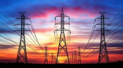 Silhouettes of Power Towers Against Vibrant Sunset