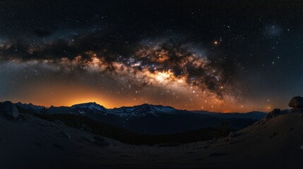 Fototapeta premium A panoramic image of the Milky Way stretching across the horizon, with dense star clusters and cosmic dust clouds.