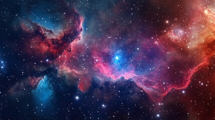 Obraz premium A panoramic shot of a galaxy with vibrant nebula clouds in shades of red and blue, surrounded by bright, twinkling stars.