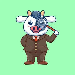 Cute Cow Detective Kawaii Cartoon Vector Icon Illustration