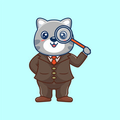 Cute Cat Detective Kawaii Cartoon Vector Icon Illustration