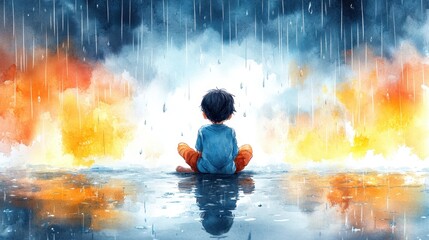 Obraz premium A cartoon-style boy sitting by a puddle, marveling at the raindrops, with soft watercolor strokes on a white background 