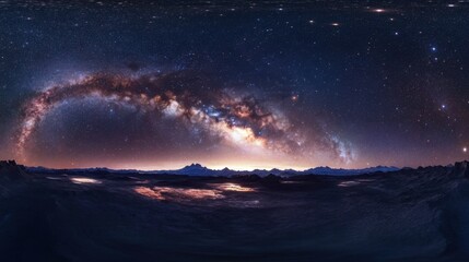 A panoramic shot of the Milky Way galaxy with bright stars, glowing nebula clouds, and cosmic dust, creating a mesmerizing cosmic display.